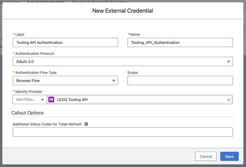 New External Credentials modal