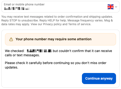 Phone number likely invalid with warning message